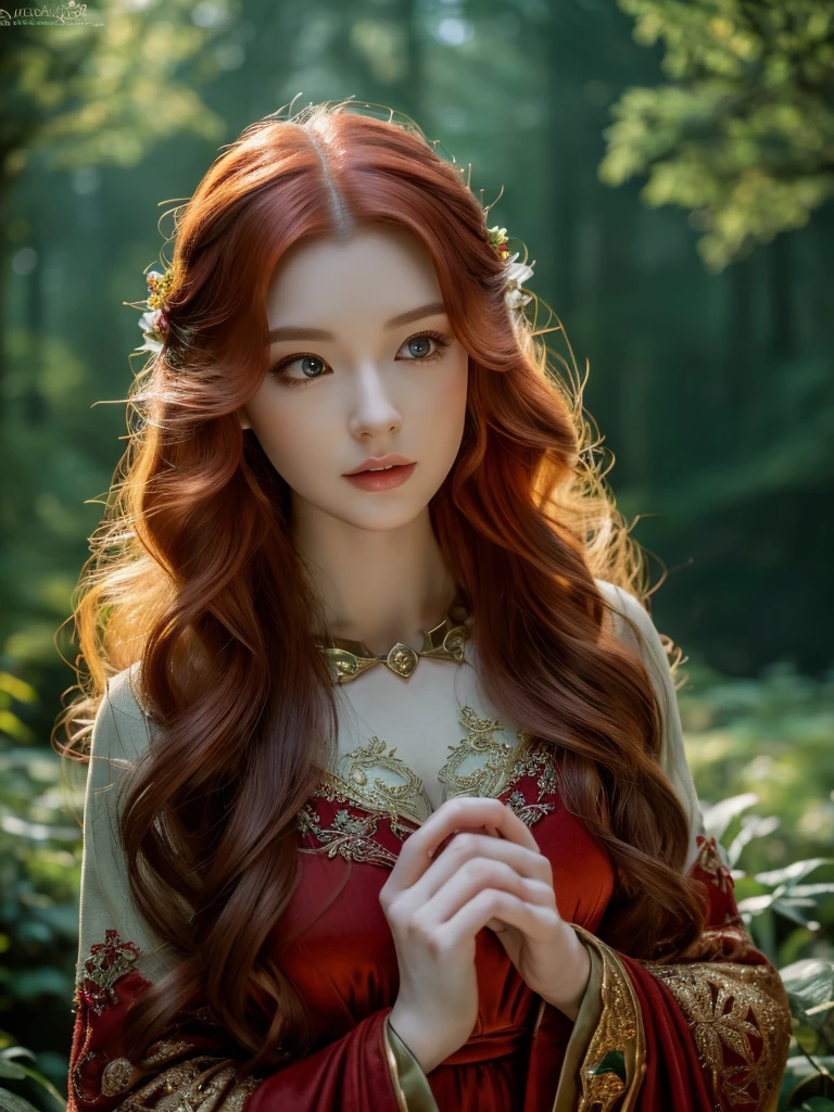 A beautiful detailed red-haired asian elf girl, gorgeous elf dress, dense dark forest without the sunlight, intricate detailed fantasy scenery, cold colors, (best quality,4k,8k,highres,masterpiece:1.2),ultra-detailed,(realistic,photorealistic,photo-realistic:1.37),detailed face, beautiful eyes, delicate lips, long eyelashes, ethereal, whimsical, magical realism
