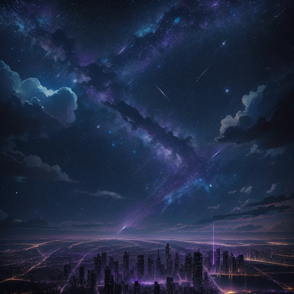 Starry sky with constellations, Purple hue like a nebula, Vast space, The Bottom of Cyberpunk City,