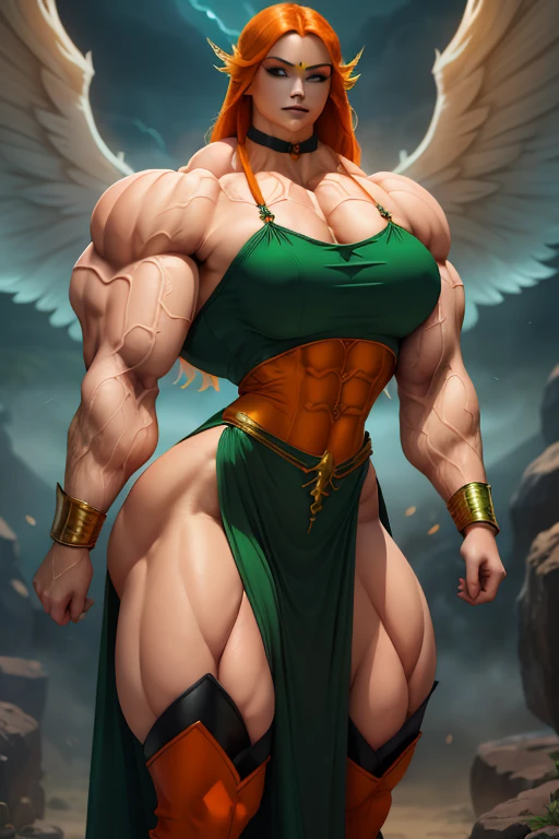 (Close-up), tall, (orange hair) beautiful muscular woman, long beachy hair, pale white skinned, closed smile, (black lipstick), ((massive muscles)), (hyper muscle), ((ginormous bulky muscles)), (glowing green eyes), (sparkling orange cheongsam dress, long skirt), (giant angel wings), gauntlets, choker, thigh high boots, (holding thunder in the Sky)