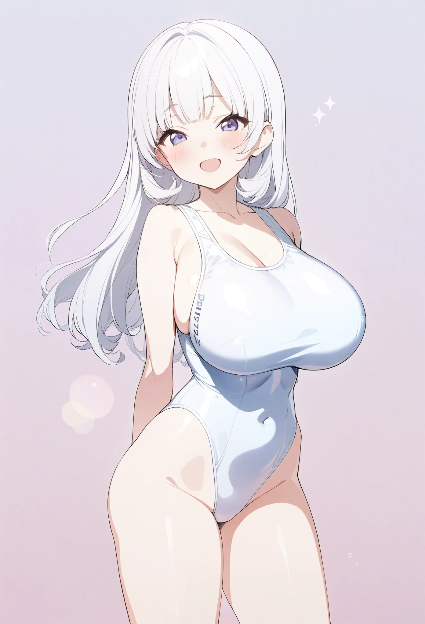 ((Masterpiece)), ((Best Quality)), (Ultra-detailed), ((kawaii)), Cute, (Lovely), ((Sexy)), (Ero), ((Extremely detailed)), 4K, (8K), Best Quality, (Beautiful), anime illustration, Anime style, Painting, looking at viewer, cowboy shot, (simple background:1.6), sexy posing, full body focus, gradation, a cute girl, girl, (1girl:1.3), (Solo:1.3), (one piece Japanese school swimsuit:1.1), (High-cut school swimwear:1.2), beautiful anime face, (beautiful white hair color), (random color eyes), ((Beautiful eyes)), random hair style, (White-skinned:1.2), (huge breasts), (saggy breasts:1.3), smirk, (smile:0.8), happy, (blush:1.5), open mouth, Lens Flare, sparkling effect, shiny-glistening, gleaming