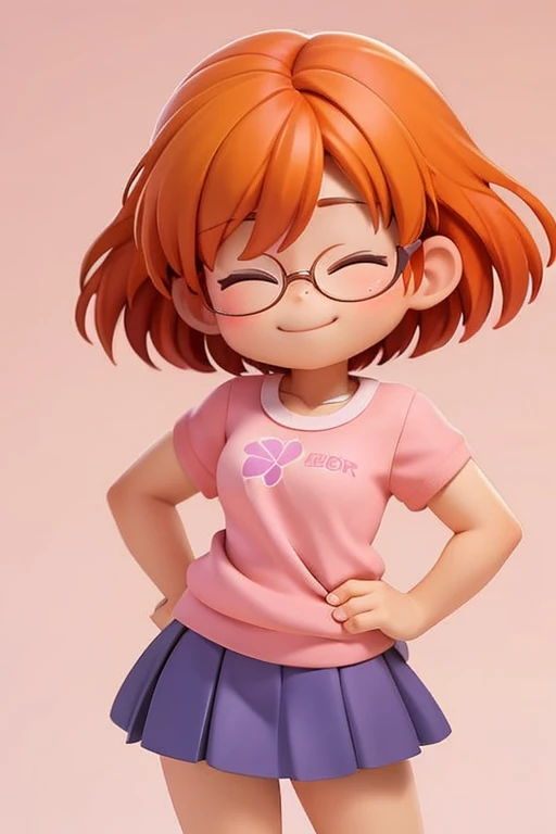 Meilin Lee, orange hair, glasses, pink shirt, skirt, smiling, eyes closed