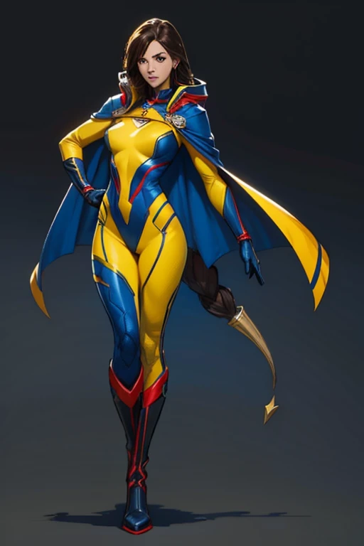 A female superhero with a yellow supersuit and a red with dark blue cape. She also has dark blue gloves and boots. The female superhero is brunette, her long hair is dark and is tied. Her suit has silver ornaments.
