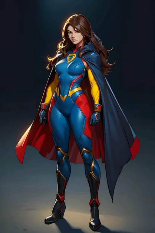 A female superhero with a yellow supersuit and a red with dark blue cape. She also has dark blue gloves and boots. The female superhero is brunette, her long hair is dark and is tied. Her suit has silver ornaments.
