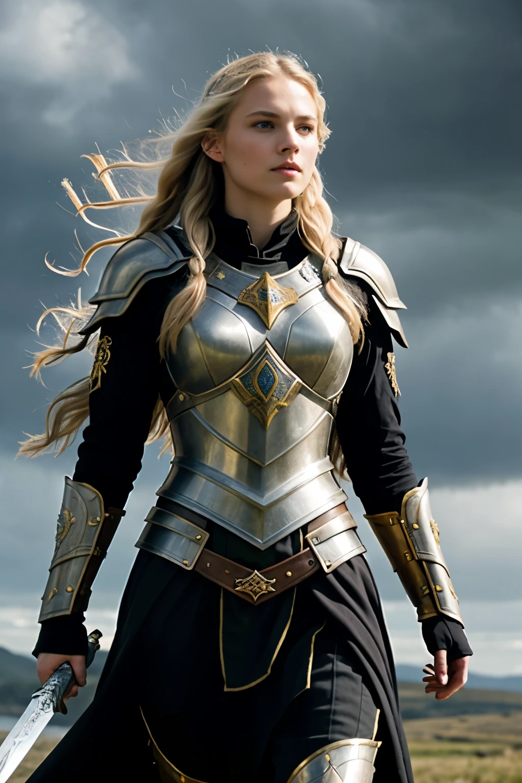"Create a video of a stunning Valkyrie. She's a beautiful blonde with classic Scandinavian features - high cheekbones, clear blue eyes, and fair skin. Her long, flowing white hair cascades down her back and shoulders, moving dramatically in the wind.
She's clad in intricately designed golden armor. The armor is adorned with intricate Norse patterns and symbols, etched into every piece. The breastplate features a central design of Yggdrasil, the world tree.
In her right hand, she wields a magnificent sword. The blade gleams with a otherworldly light, enhanced by glowing runic inscriptions running along its length. The hilt is wrapped in leather and adorned with precious stones.
Her left arm bears a round shield. The shield's face displays a detailed painting of Odin's ravens, Huginn and Muninn, surrounded by knotwork designs.
The background is a turbulent, stormy sky. Dark, roiling clouds dominate, occasionally lit up by brilliant flashes of lightning. These lightning strikes illuminate the Valkyrie, making her armor and hair shine momentarily with an intense, almost divine light.
The camera slowly pans around her, capturing her powerful stance and the determination in her eyes. It zooms in to show the details of her armor, the runes on her sword, and the artwork on her shield, before pulling back to show her silhouette against the dramatic sky.
The lighting shifts with each lightning strike, creating a dynamic interplay of light and shadow across her form and the landscape around her."