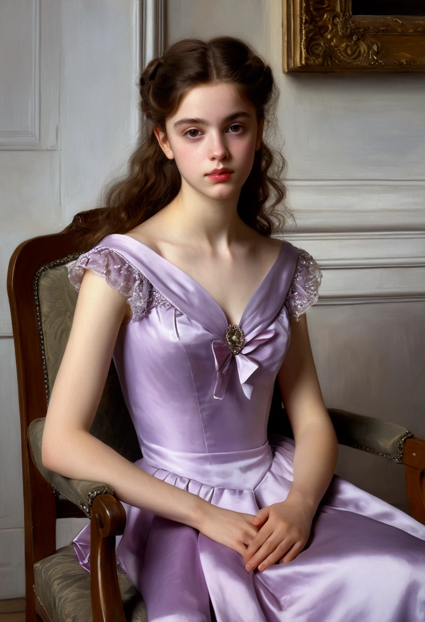 (masterpiece, highest quality:1.4) , (john singer sargent style), (oil painting), hd, highres, high detail, very pretty!!!! beautiful!!!!! young!!!!!!!! face, 16 year old beautiful girl, young beautiful!!!! pretty!!!! european girl sitting confidently, elegantly on a armchair, pale purple dress, , , looking at camera