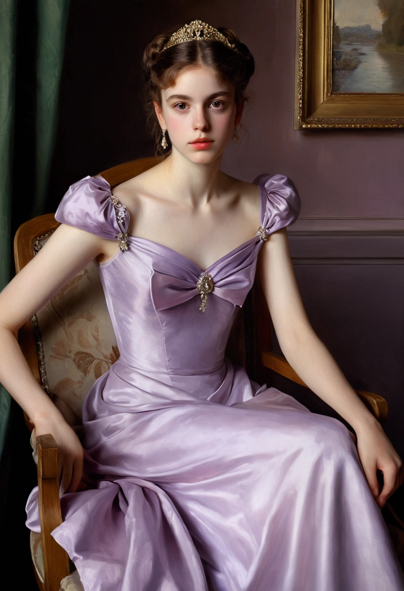 (masterpiece, highest quality:1.4) , (john singer sargent style), (oil painting), hd, highres, high detail, very pretty!!!! beautiful!!!!! young!!!!!!!! face, beautiful girl, young beautiful!!!! pretty!!!! european girl sitting confidently, elegantly on a armchair, pale purple dress, , , looking at camera