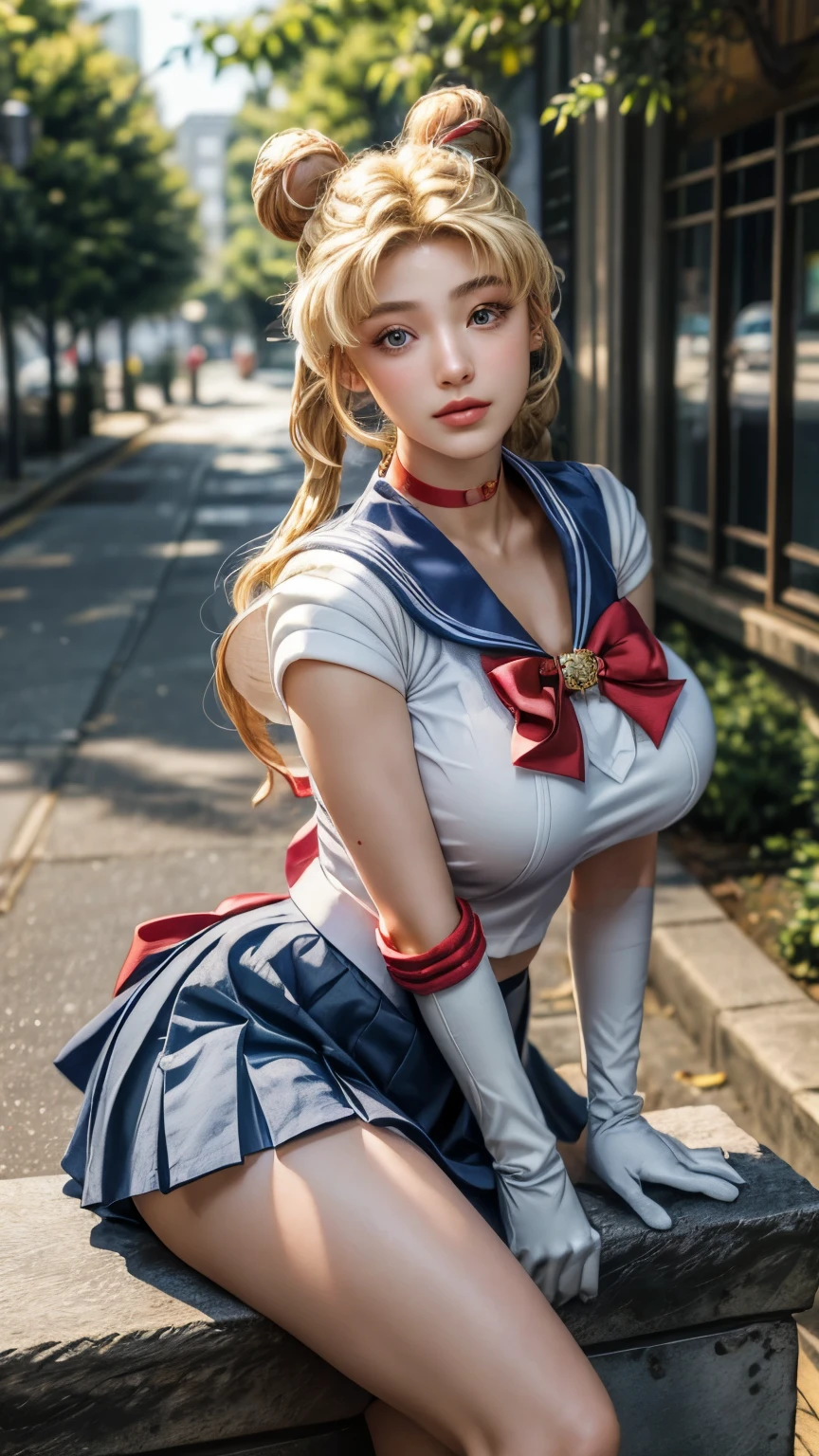 (masterpiece, best quality:1.2), (realistic, photo-realistic:1.4), RAW photo, high resolution, extremely detailed, intricate details, realistic and sharp details, cinematic lighting, portrait, frontal photography, (sailor moon, tsukino usagi, aausagi), solo, 1girl, a old woman, (wearing a sailor senshi uniform:1.2), (seductive pose:1.2), (huge breasts, round breasts:1.5), (long hair, blonde hair, double bun, twintails:1.6), (elbow-gloves, white-gloves, darkblue-collar, lowcut-skirt, short skirt, darkblue-miniskirt, circlet, red-choker, jewelry, red-bowtie, red-boots:1.5), (detailed face, detailed eyes, beautiful pupils, sophisticated nose), pale skin, fine-textured skin,
photo background, outdoors, sidewalk, daytime,