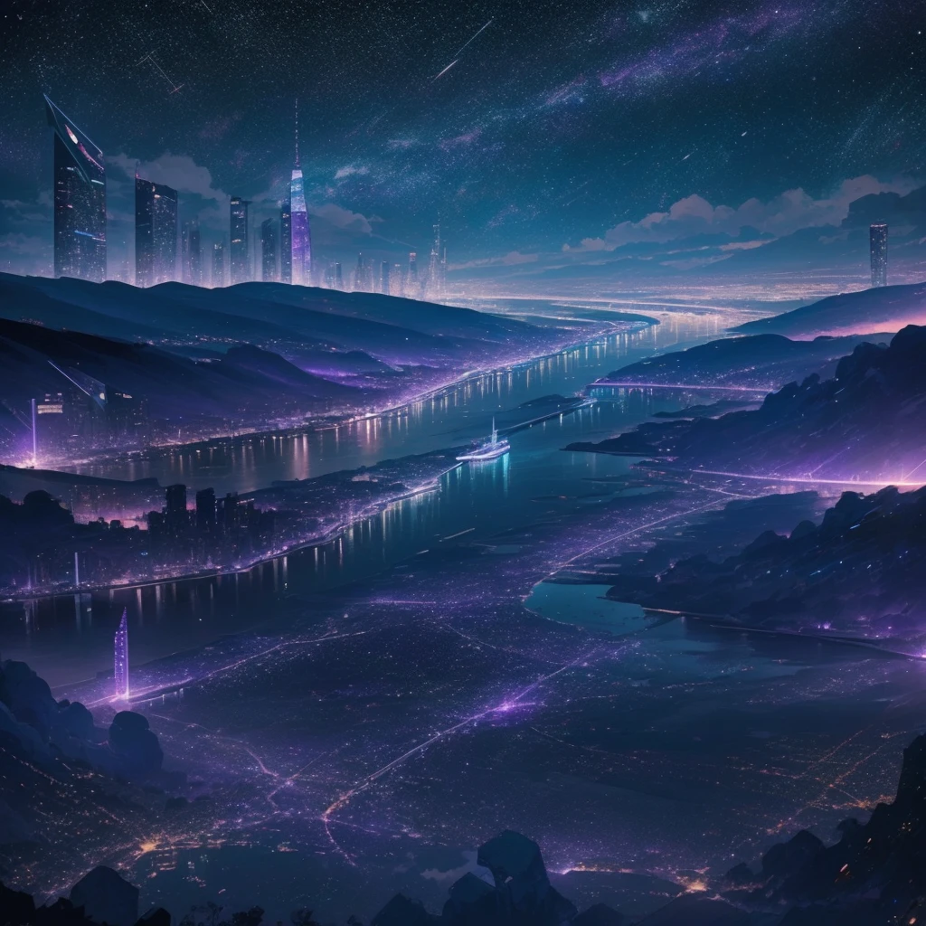 Starry sky with constellations, Purple hue like a nebula, Vast space, The Bottom of Cyberpunk City,