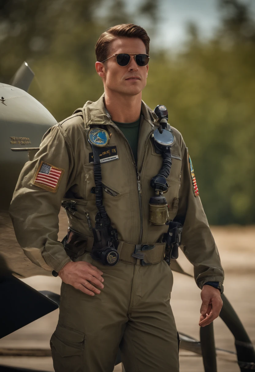 whole body photography, Cinematographer, ultra realistic, 1man holding a glass of milshake, Beautiful face, Full body shot, detailed clothing, Beautifully detailed, Extremely detailed eyes and face, beautiful detailed eyes, (UHD, HdR, High Resolutions, ultra detailed, intricate details, Textural effects, absurdities, masterpiece, 8k:1.2) Tom Cruise as Pete Mitchell in the movie Top Gun, dressed like Pete Mitchell (USAF military suit), wearing sunglasses, aviator model (Ray Ban RB3025), XF IQ4, 150MP, 50mm, ISO 1000, 1/250s, natural light, Adobe Lightroom, Photo Lab, affinity photo, PhotoDirector 365, F-18 military airbase background aircraft.