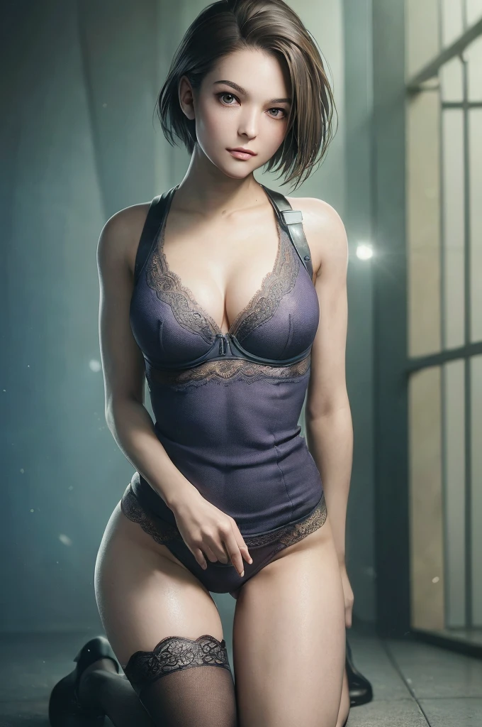 jill valentine,Natural light, masterpiece, Very detailedな,Absurd,Highest quality,Very detailed,Detailed face,Particles of light, Lighting, (Very detailed:1.2),(Detailed face:1.2), (Gradation), software, colorful,(Big eyes:1.2),Underground Prison,Lace bra with ribbon,,(((slim, Tight waist, Thin thighs,Thin arms,Very small breasts))),((Intricate details on tight panties)),((A tight bra with cute lace and attention to detail,Kneeling posture,View from the front))