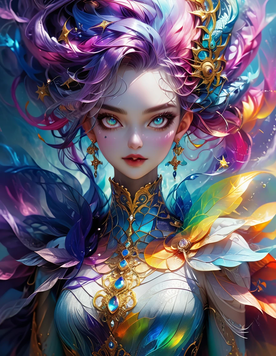 this artwork should be colorful and evoke feelings of euphoria and ecstasy. generate a beautiful fantasy woman with an interesting and dynamic manic expression. the woman is dressed in the style of harajuku decora fashion. there are many intricate and highly detailed decora fashion accents. clothing is ornate and extravagant with contrasting colors, textures, and patterns. include strong influences from lisa frank. include many awe-inspiring fantasy elements. ((include phantasmal iridescence, crystals, bumps, and rainbow colors that drip like paint through the artwork.)) rainbow paint should drip through hair and onto face and body. pay particular attention to a beautifully detailed face with realistic shading. include 8k eyes, highly detailed eyes, realistically detailed eyes, macro eyes, bright eyes. the overall feeling of this artwork should be happiness and excitement. the artwork should be highly ornate. impress me. the artwork should be highly creative., high quality, highres, detail enhancement