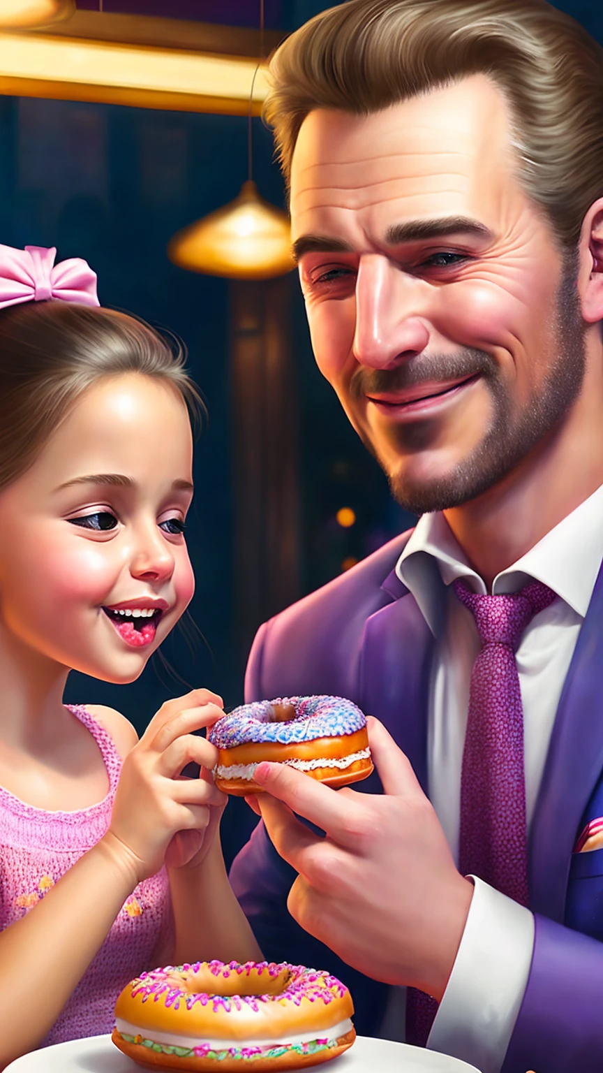 a middle-aged man eating donuts with a young girl, beautiful detailed eyes, beautiful detailed lips, extremely detailed eyes and face, long eyelashes, warm and cozy atmosphere, intimate family moment, soft lighting, pastel colors, oil painting, intricate details, masterpiece, photorealistic, 4k, hyperrealistic, high quality, elegant, beautiful, lovely, charming