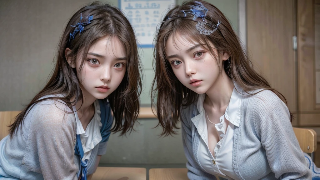 Ultra realistic photo 4k 8k. Two girls taking on rivals, one on the left side and the other on the right side staring at each other at a private school. the girl on the left side is: beautiful; has a serious expression; He is staring into the eyes of the girl on the right with a serious facial expression but microexpressions of hate.. The girl on the right side is: Even prettier than the girl on the right side; has a serious expression pero calmada; He is staring into the eyes of the girl on the right side.; she is more mature than the other. Both in Korean school uniforms