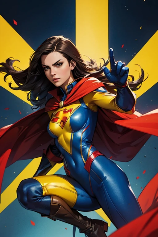 A female superhero with a yellow supersuit and a red with dark blue cape. She also has dark blue gloves and boots. The female superhero is brunette, her long hair is dark and is tied. Her suit has silver ornaments.
