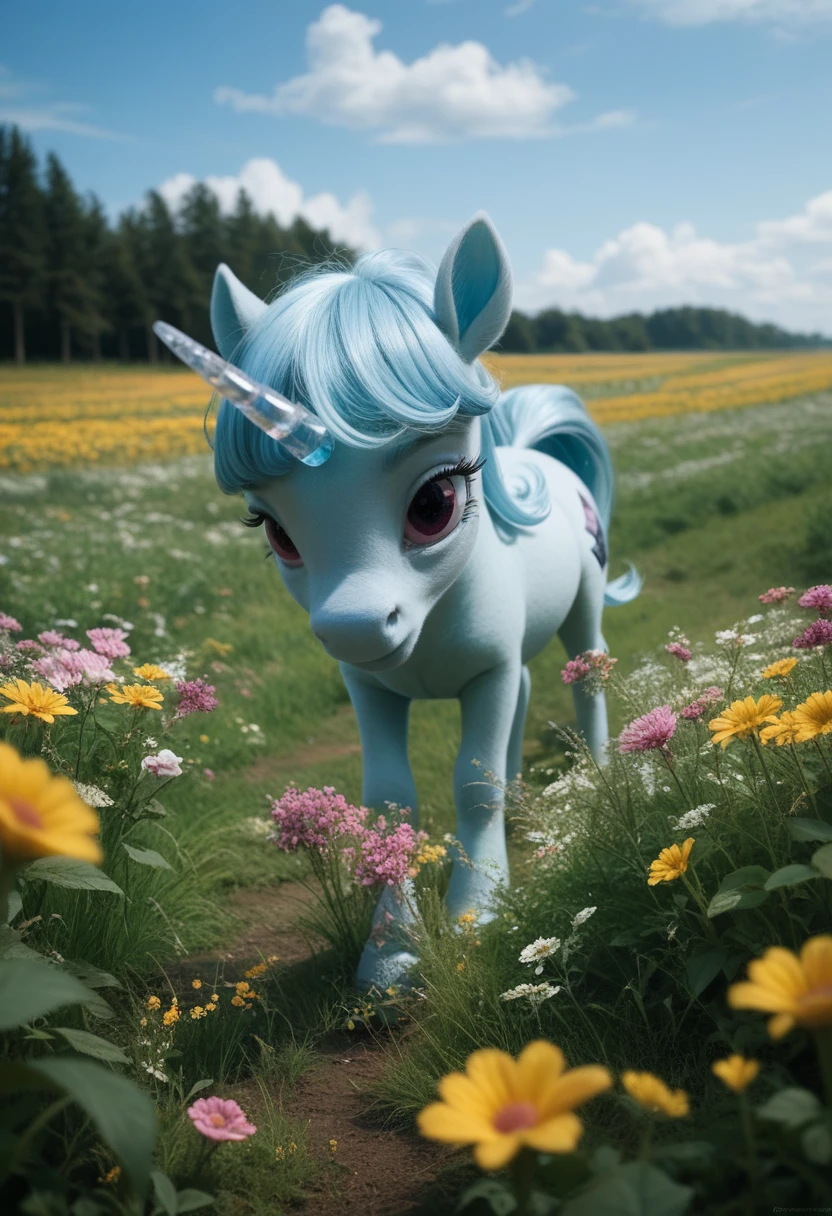 (surreal, 4k) In a fairy tale world, a crystal horn unicorn gallops through a field of luminescent flowers, captured with a Hasselblad H6D-100c camera.