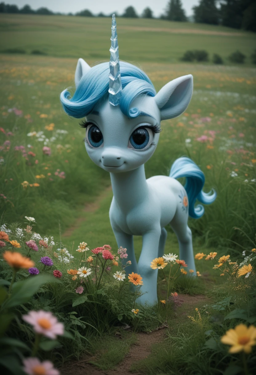 (surreal, 4k) In a fairy tale world, a crystal horn unicorn gallops through a field of luminescent flowers, captured with a Hasselblad H6D-100c camera.