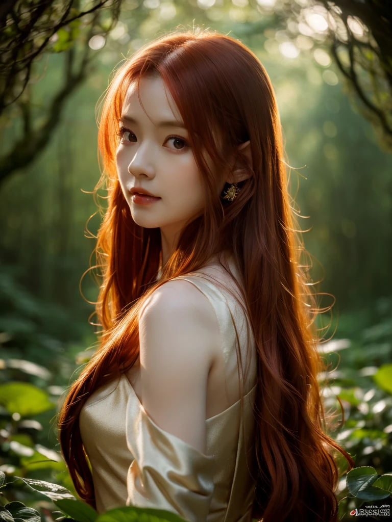 a beautiful redheaded asian girl, long very silky hair, elegant elf dress, dense forest, no sunlight, detailed face and eyes, very big tits (best quality,4k,8k,highres,masterpiece:1.2),ultra-detailed,(realistic,photorealistic,photo-realistic:1.37),magical fantasy atmosphere,fantasy,concept art