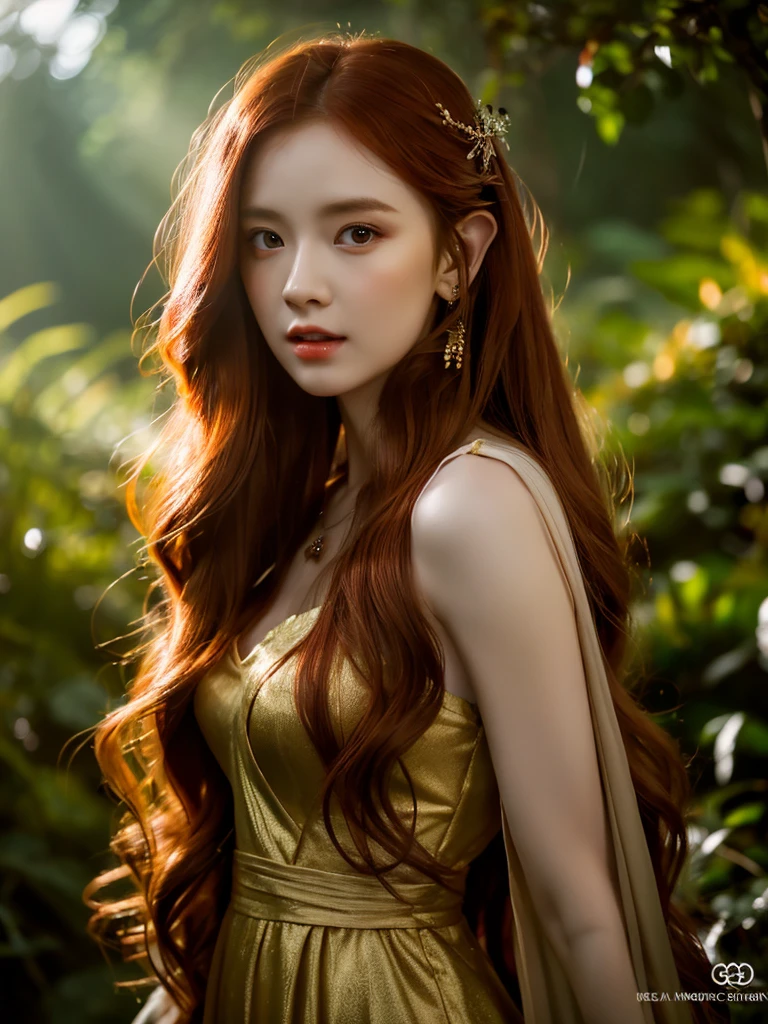 a beautiful redheaded asian girl, long silky hair, wearing an elegant elf dress, in a dense forest with no sunlight, detailed face and eyes, masterpiece, 8k, photorealistic, cinematic lighting, warm color tones, magical fantasy atmosphere