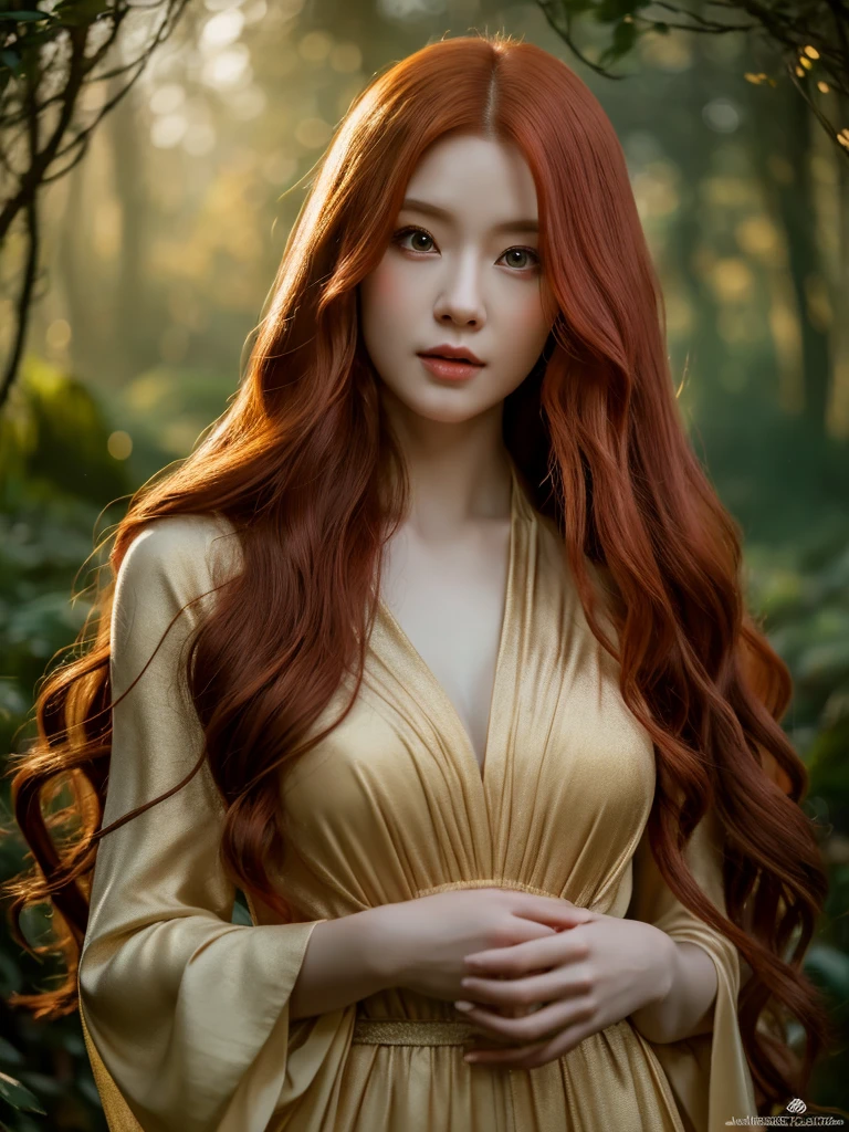 a beautiful redheaded asian girl, long silky hair, wearing an elegant elf dress, in a dense forest with no sunlight, detailed face and eyes, masterpiece, 8k, photorealistic, cinematic lighting, warm color tones, magical fantasy atmosphere