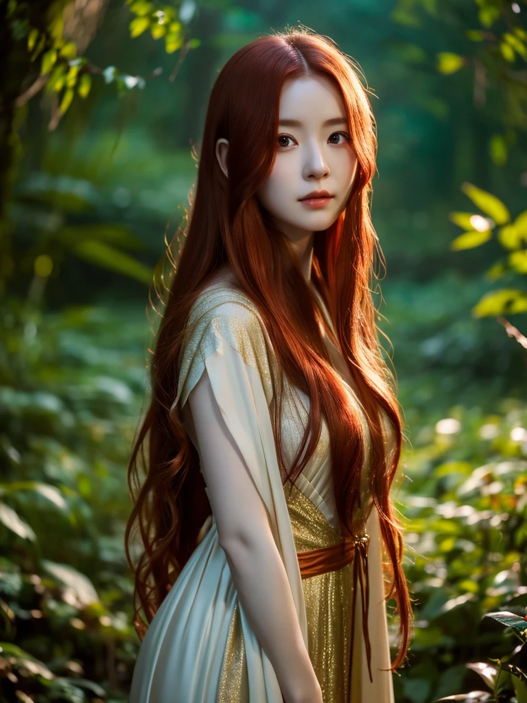 a beautiful redheaded asian girl, long silky hair, wearing an elegant elf dress, in a dense forest with no sunlight, detailed face and eyes, masterpiece, 8k, photorealistic, cinematic lighting, warm color tones, magical fantasy atmosphere