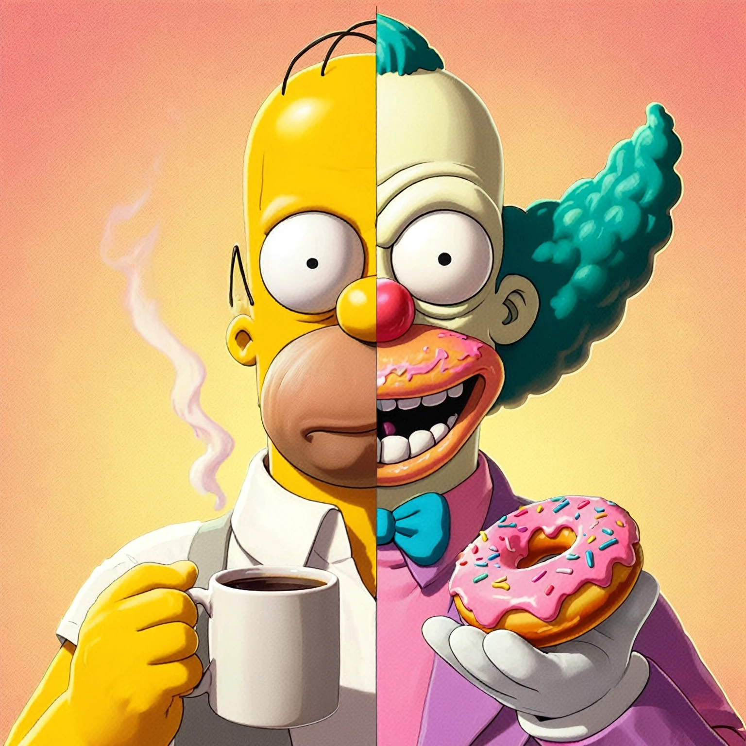 homer simpson duality, half and half krusty the clown, hybrid mutant, one creature homer and krusty, split, eating a frosted pink glazed doughnut, doughnut showcase, mug of steaming coffee, film screengrab, hand drawn blend amblinanimation and simpsons hand drawn cartoon, minimal, serene, perfect, strange, candid, cinematic, surreal, realism, photographed, timeless, lost in space, liminal, blank canvas, abstract, nuanced, clearly simpsons cartoon distinct