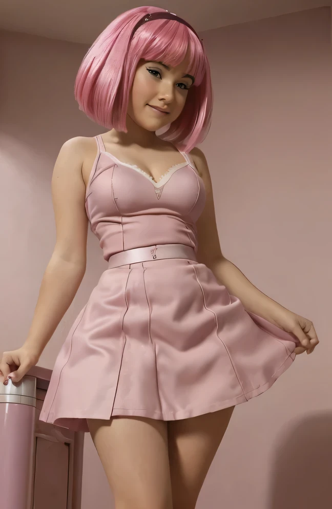 (((Girl 13 years old))) ,sexy girl, pink minskirt and lace stockings, Stephanie from lazy town high quality ,pinkies Hair,((skirtlift)), curvy, deep cleavage, big breasts, high quality,