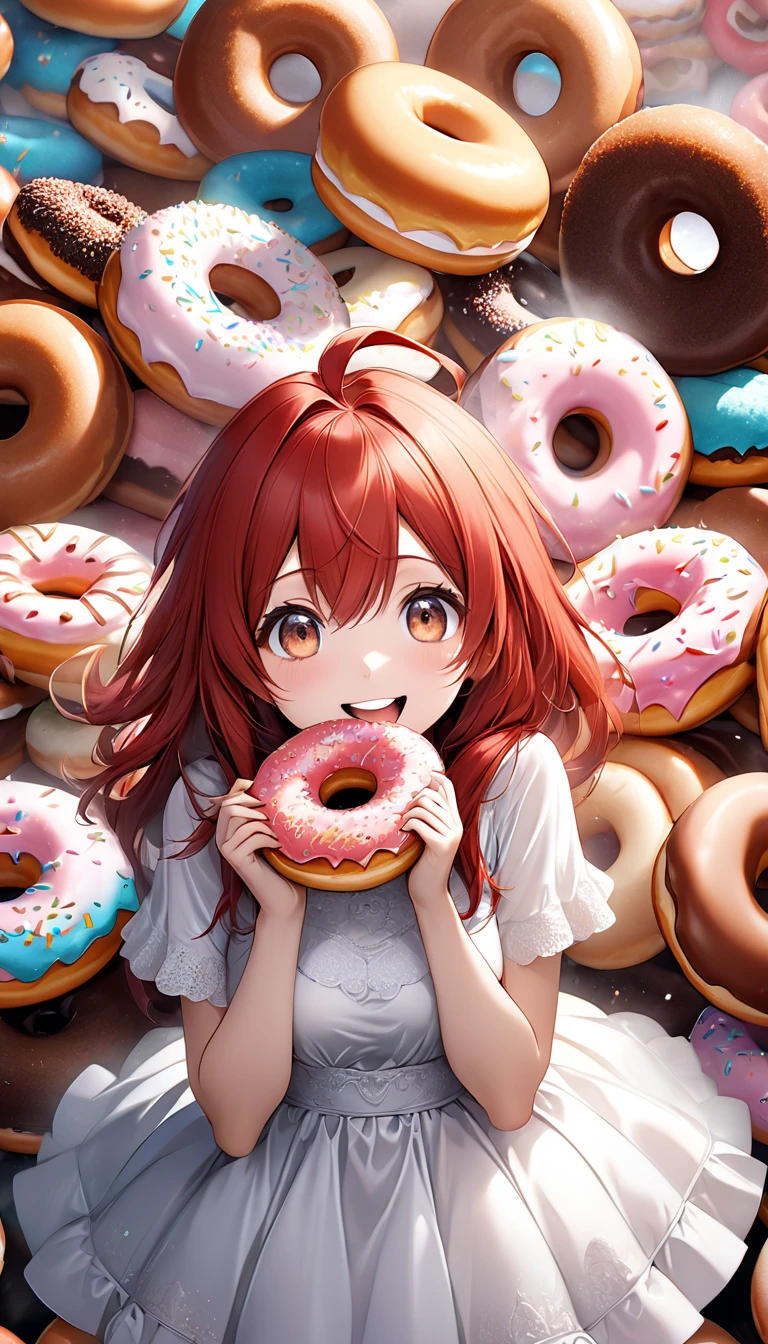 cute woman, red straight hair, ahoge, surrounded by many donuts, stuffing her mouth full of donuts, wearing white dress, smile, funny, (ultra detailed, absolutely resolution, best quality:1.3), 2.5D, delicate and dynamic, hyper realistic, artistic photography, graphic CG digital art, cartoon-style, shading effects, glitter effects, foggy filter effects, background many colorful donuts