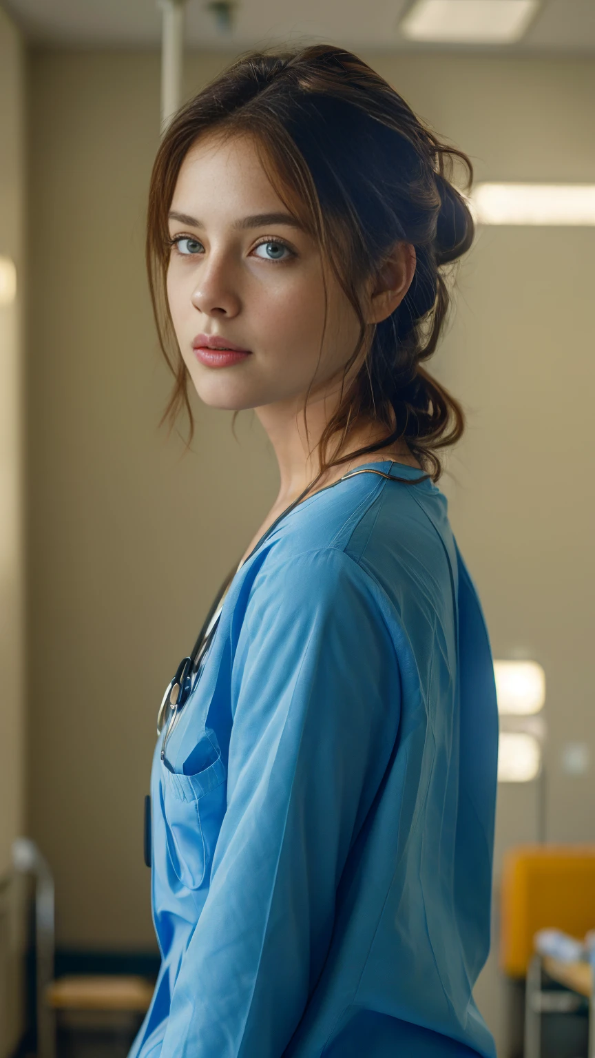 masterpiece, best quality, 5. ((best quality)), ((masterpiece)), ((realistic)), portrait of a young nurse in a hospital, (compassionate expression and professionalism:1.2), [caring green eyes], [scrubs and medical equipment], (busy hospital environment:1.3), [healthcare setting], (highlighting the dedication to patient care:1.2), [occupational realism], (8k resolution:1.2)