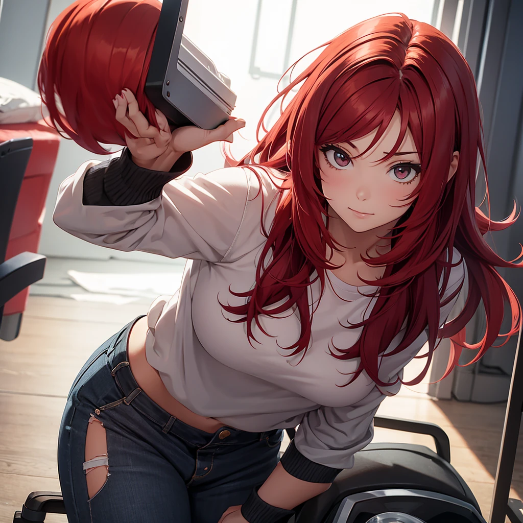 Girl with dyed red hair farting