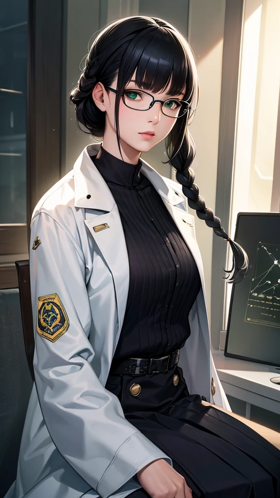 (highest resolution),(beautiful picture),sci-fi movie poster,(สไตล์ภาพscience fiction),(best quality),(Masterpiece),(Highly detailed),((semi-realistic)), Maximum face resolution, adult, woman,east asian people, small, black hair,(Bangs) double braid hairstyle, smooth, green eyes,red glasses,military uniform,long skirt,white coat,faint,future,science fiction 