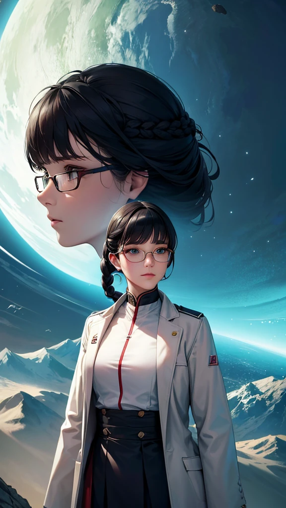 Movie Poster,((Braid Hairstyle : 1.5)),Anime Reference 86 ,Science Fiction,Sci-Fi,Movies,War Action Movies,Space,Atmosphere,Sky,Battleship,Multiple Characters,Women,Adults,Green Eyes,Black Hair,(Pia bangs hairstyle) : 1.8 ),(Red Glasses),Still Eyes,General Uniform,White Commander Uniform,Realistic Face Details,Realism,3D Face,
