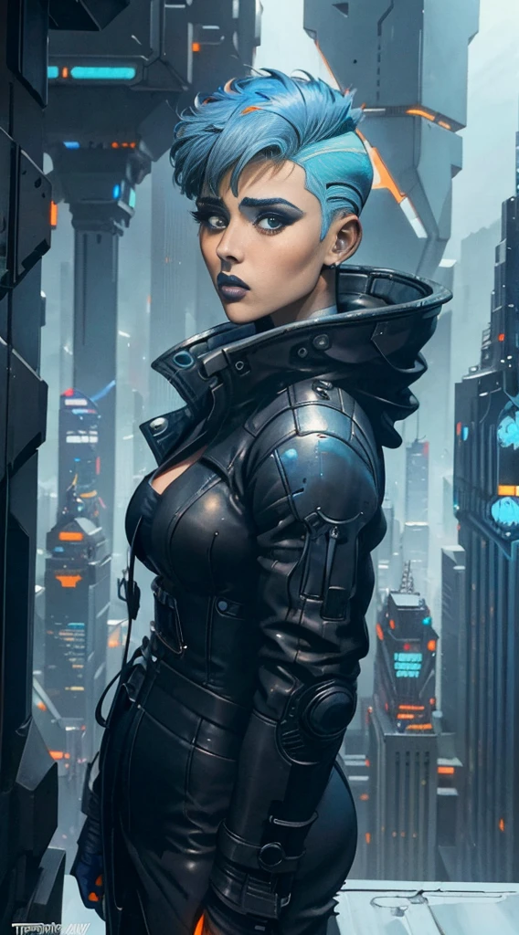 Stefania Ferrario short blue hair shaved on the sides, wearing a modern black overcoat over white and orange futuristic cyberpunk costume, at night on top of a building, 8k, artgerm julie bell beeple, Wojtek FUS, bipe. hyper- realism, arte do bipe, Beeple Daily Art 