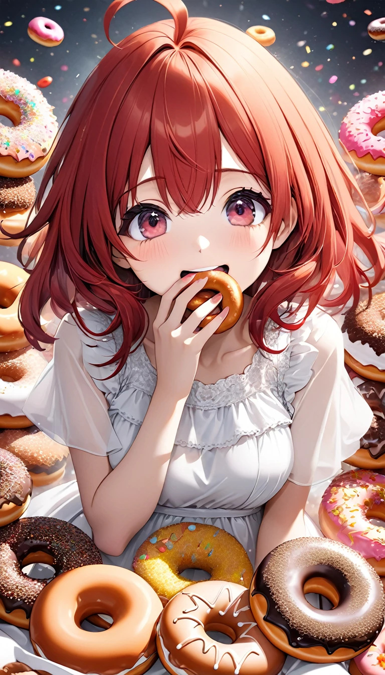 cute woman, red straight hair, ahoge, surrounded by many donuts, stuffing her mouth full of donuts, wearing white dress, smile, funny, (ultra detailed, absolutely resolution, best quality:1.3), 2.5D, delicate and dynamic, hyper realistic, artistic photography, graphic CG digital art, cartoon-style, shading effects, glitter effects, foggy filter effects, background many colorful donuts