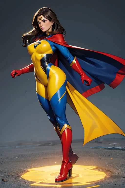 A female superhero with a yellow supersuit and a red with dark blue cape. She also has dark blue gloves and boots. The female superhero is brunette, her long hair is dark and is tied. Her suit has silver ornaments.
