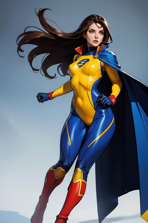 A female superhero with a yellow supersuit and a red with dark blue cape. She also has dark blue gloves and boots. The female superhero is brunette, her long hair is dark and is tied. Her suit has silver ornaments.
