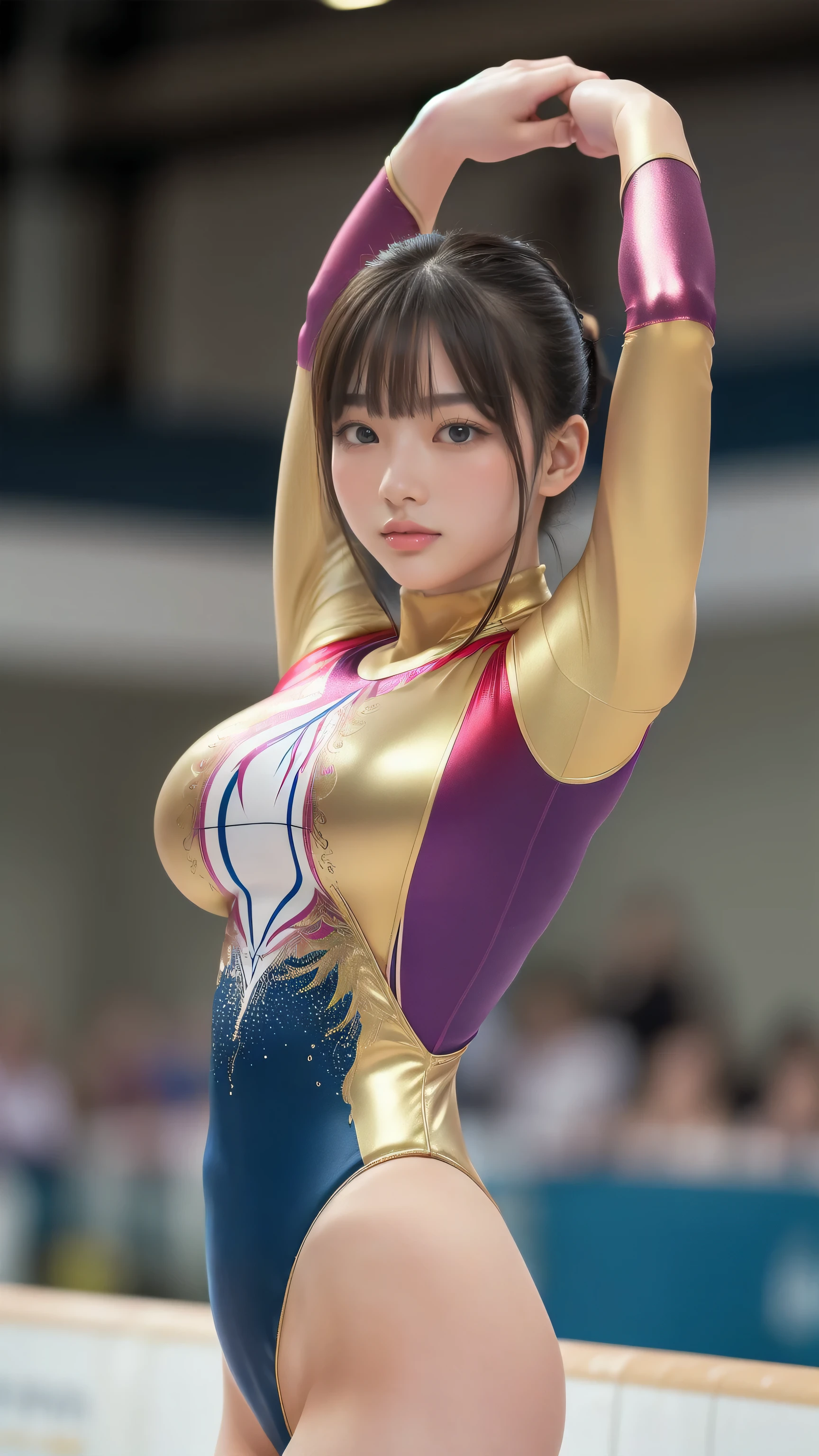 ((indoor, 新Gymnastics competition venues, Gymnastics competition venues:1.3)), (Highly detailed skin, Beautiful realistic face, White skin, Pointed Chest, Small nipples, Perfect Anatomy, Realistic eyes, Natural Eyes, Brown eyes, Accurate eye focus, Accurate limbs), (Hyper Realist, ultra-realistic, 4K, Attention to detail, Ultra-high resolution, Highest quality, masterpiece, Presence, dynamic, Uplifting, bold, Sharpness), (Thinning hair:2, Soft Hair:2, Straight hair:1.5, Long, slicked bangs, Light copper amber hair, Hair on one eye, Twin tail hair), (Female gymnast, Detailed costume, She wore a tight-fitting long-sleeved leotard.:1.5), Shiny long sleeve leotard, Metallic colors long sleeve leotard, Racing long sleeve leotard, ((High leg long sleeve leotard, Long sleeve leotard with crystal embellishment)), ({Metallic red color| Metallic purple color| Metallic white color| Metallic navy color| Metallic pink color| Metallic gold color| Metallic silver color| Metallic black color| Metallic colors}Long sleeve leotard colors), (Big Breasts:1.5), Tall, Elongated arms and legs, Small waist, Small hips, The long-sleeved leotard is digging into her butt, With legs spread, barefoot, Full body portrait, Showing the whole body, looking at the camera, Looking into the camera, smile, Standing woman, (Underhair does not grow),