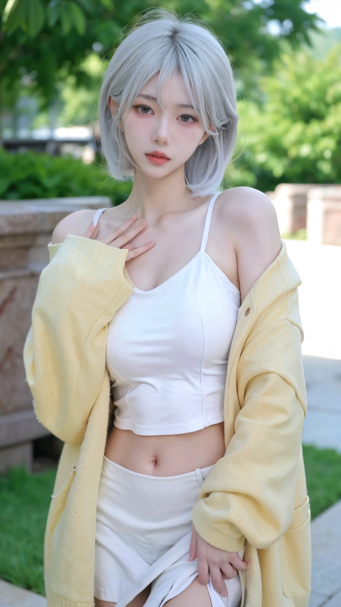 photorealistic, high resolution, 1 girl, white hair, korean, heterochromia eyes, small mole below eye, loose white shirt, gym shorts, medium chest, thicker thighs