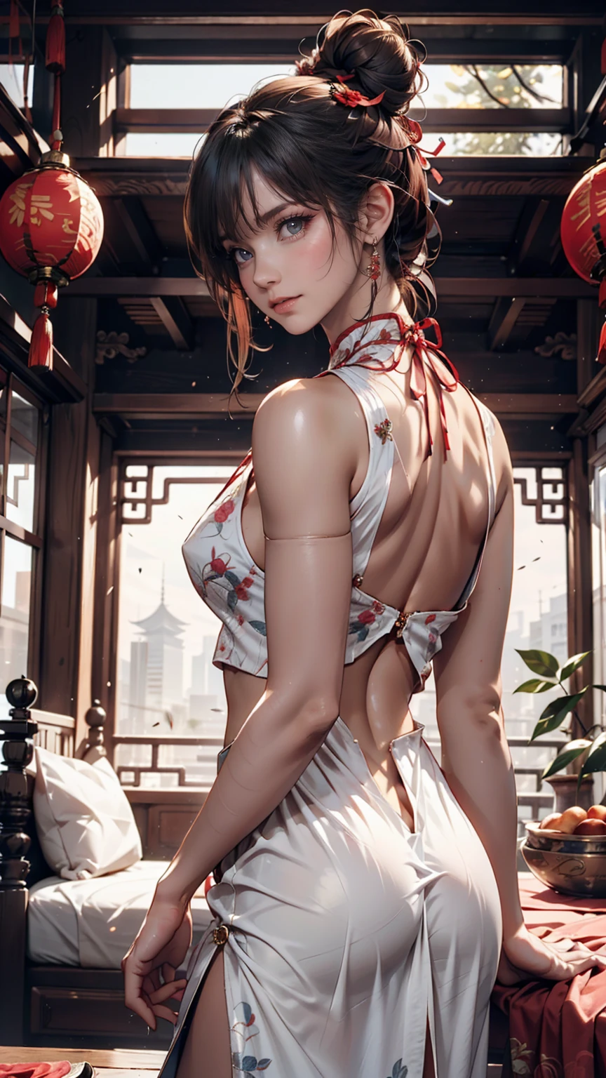 24-year-old woman、Silver Hair、Bun Hair（Ribbon decoration)、High-necked Chinese dress(Deep slit、Stomach and back exposed)、Stiletto heels、Chinese-style city