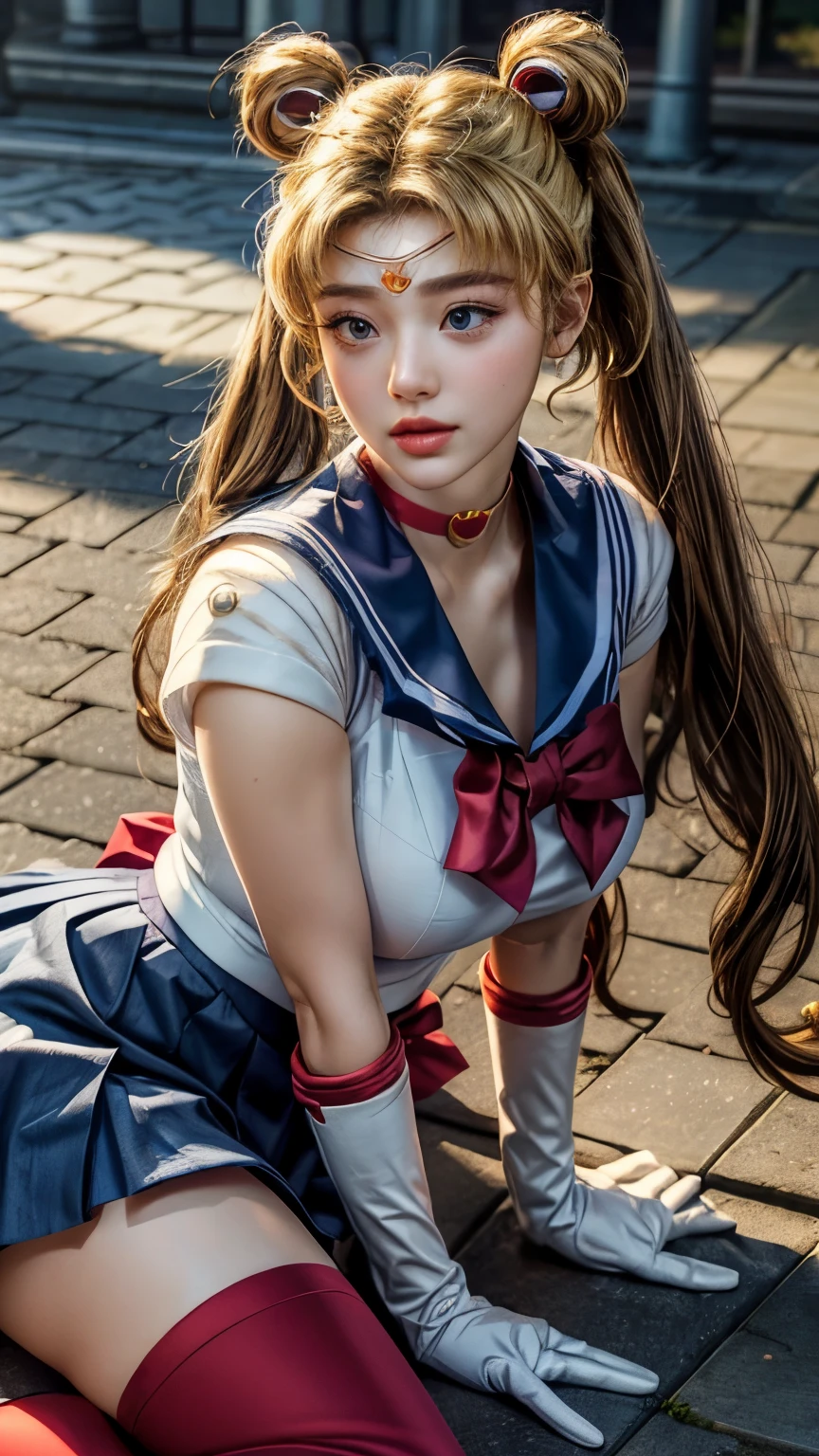 (masterpiece, best quality:1.2), (realistic, photo-realistic:1.4), RAW photo, high resolution, extremely detailed, intricate details, realistic and sharp details, cinematic lighting, portrait, frontal photography, (sailor moon, tsukino usagi, aausagi), solo, 1girl, a 16 years old woman, cute face, baby face, (wearing a sailor senshi uniform:1.2), (seductive pose:1.2), (huge breasts, round breasts:1.5), (long hair, blonde hair, double bun, twintails:1.6), (elbow-gloves, white-gloves, darkblue-collar, lowcut-skirt, short skirt, darkblue-miniskirt, circlet, red-choker, jewelry, red-bowtie, red-boots:1.5), (detailed face, detailed eyes, beautiful pupils, sophisticated nose), pale skin, fine-textured skin,
photo background, outdoors, sidewalk, daytime,