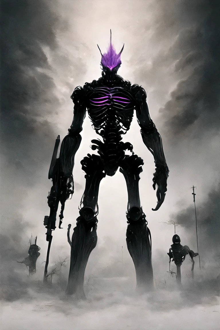 (((Highest quality)))(((Best Image)))(((anatomy)))外見は黒いfog,Wear shiny armor,Modern Battle Suits(((Appearance)))The shape is humanoid,Wearing armour(((Features)))Eyes glowing red,The shape is made of purple glowing matter..Possess modern weapons.(((male)))The skeleton is human-like、Muscle fibers are visible,fogのようなガス状のもので構築している(((background)))Barren Land,dead tree,fog,Chaotic world(((Standing posture)))Battle Scenes,overwhelmingly strong,Symbol of Terror,Highest quality。