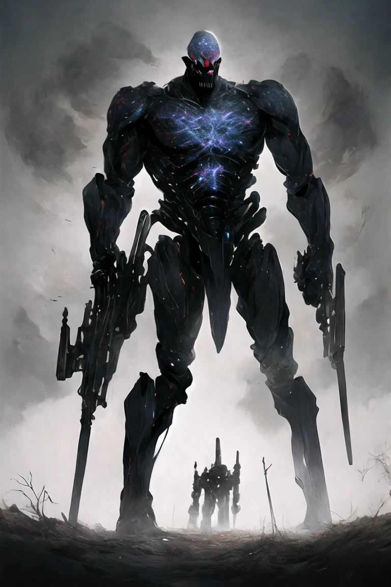 (((Highest quality)))(((Best Image)))(((anatomy)))外見は黒いfog,Wear shiny armor,Modern Battle Suits(((Appearance)))The shape is humanoid,Wearing armour(((Features)))Eyes glowing red,The shape is made of purple glowing matter..Possess modern weapons.(((male)))The skeleton is human-like、Muscle fibers are visible,fogのようなガス状のもので構築している(((background)))Barren Land,dead tree,fog,Chaotic world(((Standing posture)))Battle Scenes,overwhelmingly strong,Symbol of Terror,Highest quality。