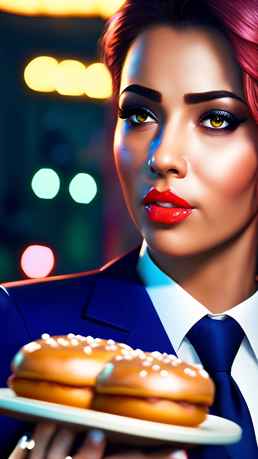 a police detective eating donuts, detailed portrait, beautiful detailed eyes, beautiful detailed lips, extremely detailed face, longeyelashes, police uniform, serious expression, police station interior, 1 person, (best quality,4k,8k,highres,masterpiece:1.2),ultra-detailed,(realistic,photorealistic,photo-realistic:1.37),HDR,UHD,studio lighting,ultra-fine painting,sharp focus,physically-based rendering,extreme detail description,professional,vivid colors,bokeh,cinematic lighting,dramatic lighting,chiaroscuro,hyperrealistic,digital painting
