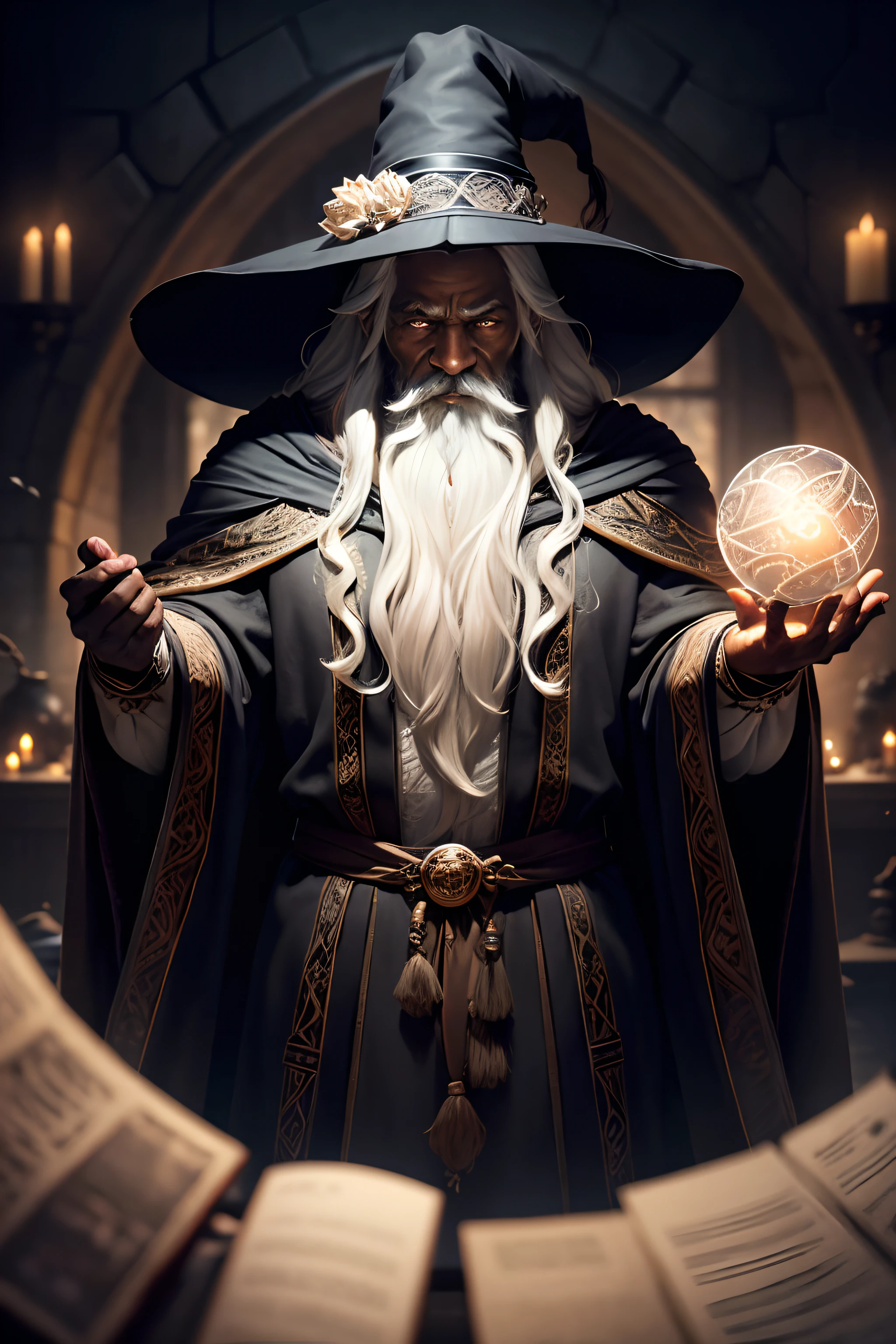 (work of art: 1.2), (best qualityer), detailded, ultra HD, cinematic lighting, sharp focus, (illustration: 1.1), intrikate, old wizard (skin black) (darkskin) (skin black color) with long white hair and beard, wearing a wizard's robe and hat, Pondering a glowing orb, in a dimly lit room, magician's room, glittering lights, flickering lights,