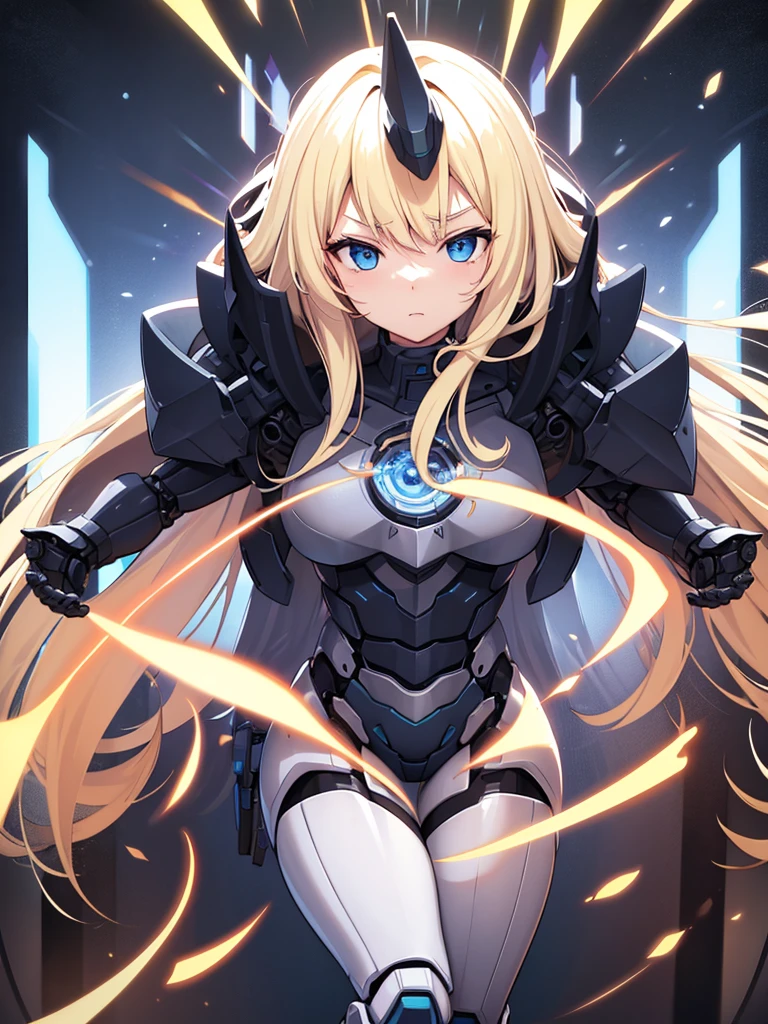 a beatiful woman, Portrait de la belle Samus Aran, samus aran fanart, cyborg, carbon fiber, ultragirl, large breast, troubled expression,23 years old, butterfly girl, ero, decorative, highly detailed, beautiful blond hair, long hair,(eyeshadow:1.1), (beautifully detailed glow:1.2), (Cinematic lighting), intricate detail, highres, rounded eyes, detailed facial features, sharp focus, smooth, aesthetic, background,Bright office district during the day,open breast,open chest