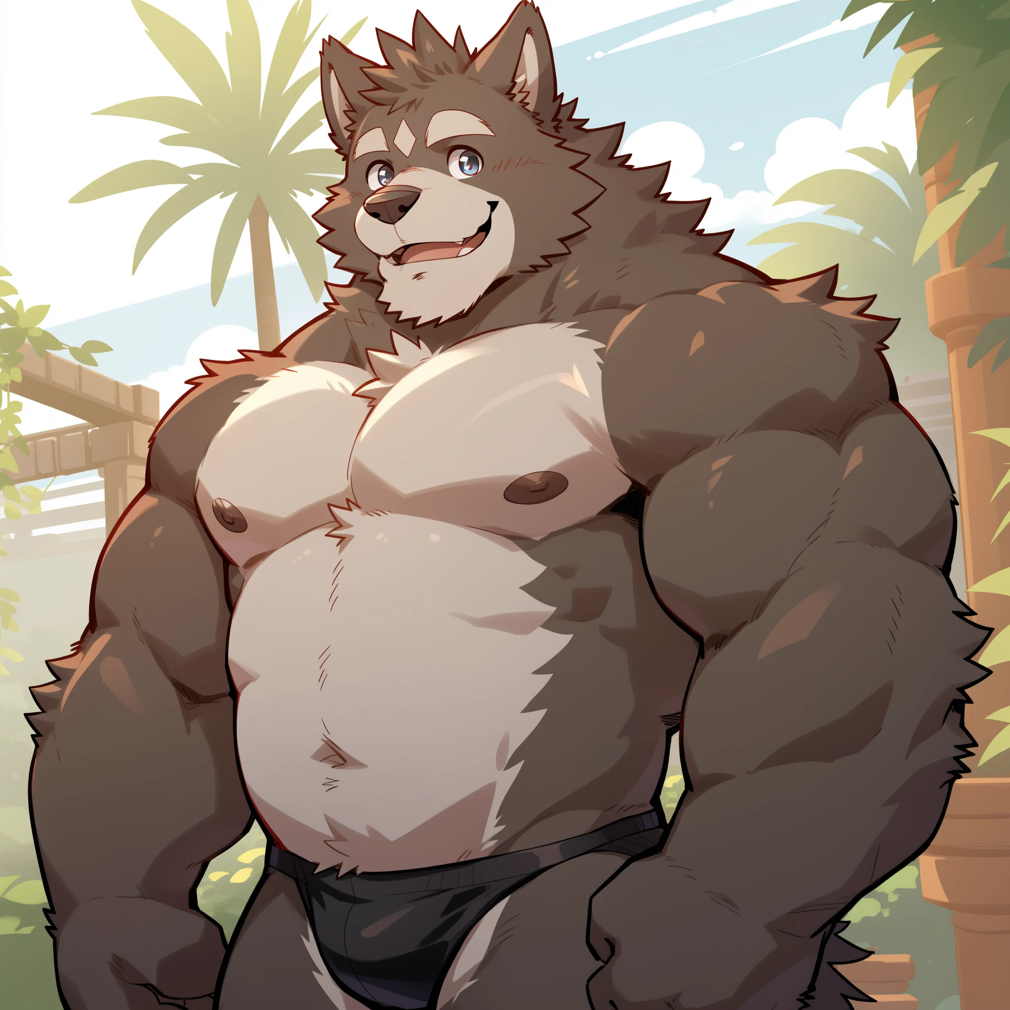 Scribble Wolf face,Humanity(Wolf),(black sexy panties:1.3),Muscular,(Brown eyebrows:1.1),(Perfect eyes),Black fur,(artist:Takemoto Arashi),Garden Background,Smile,Wolf尾巴,(Topless:1.3),light pink nipples。