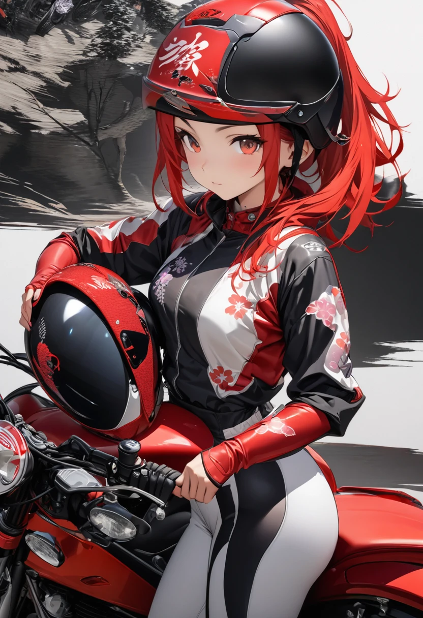 only the girl in the picture, white background, detailed CG unit, Masterpiece, high resolution, (((from side))), (((motorcycle helmet durara syle in hand))), (((behind the girl monotone background))), (((Japanese style motorcycle suit))), helmet red color, ((1 girl)), (surreal, digital painting), photo from the waist up, (((motorcycle suit includes red, white and black color))), girl looking at the camera, holding the motorcycle helmet in her hand, Japanese moto theme, detailed CG unit, Masterpiece, high resolution, highest quality, all in japanese style, the girl has red hair