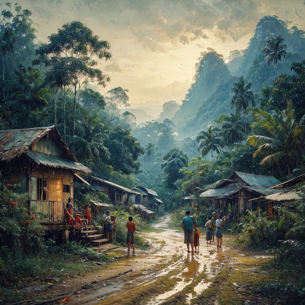 Oil paint splattered era 1960, a view, the road turns, samping kanan kiri forest rapat borneo, there is a mountain background, forest, coconut tree, and trees, there is bush grass, ferns plant,very dark night,naturalism,Realism,very dull canvas,basuki abdullah style,Oil paint splashes are intuitive