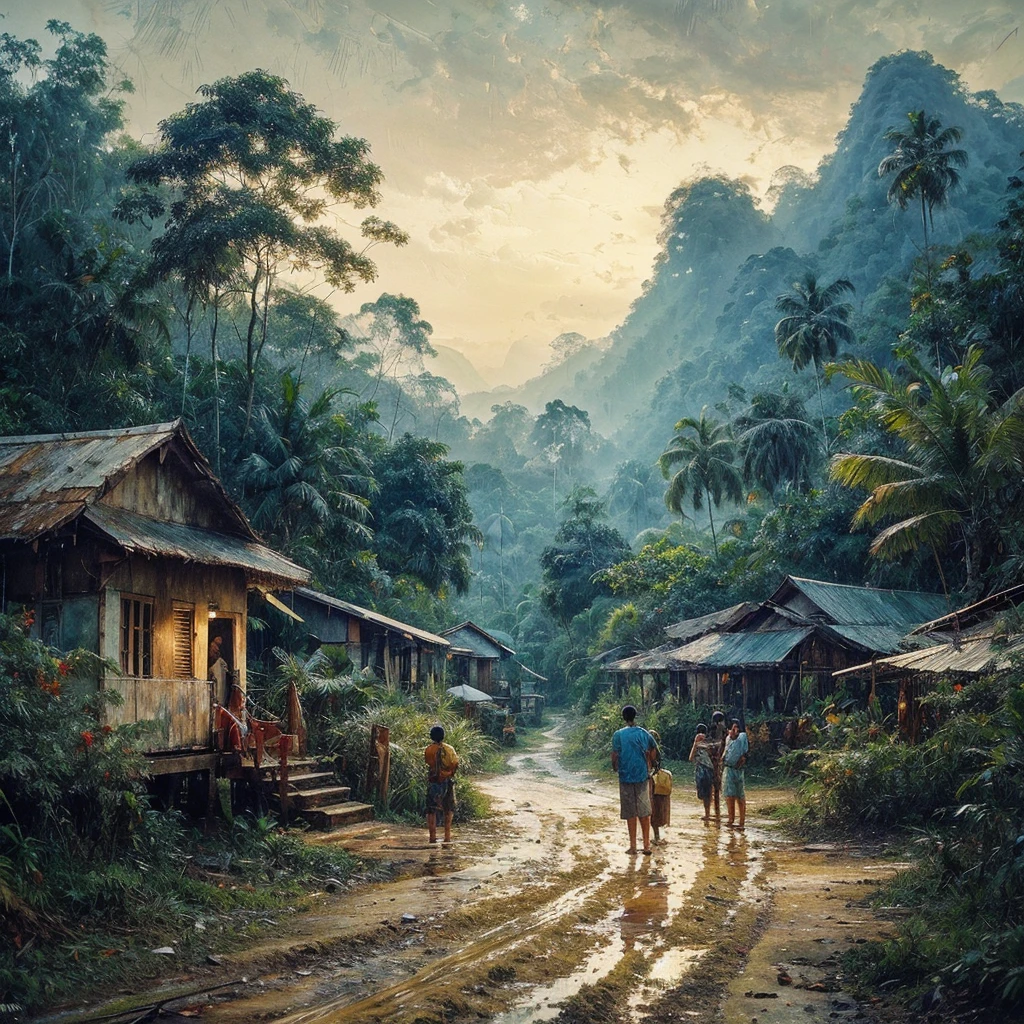 Oil paint splattered era 1960, a view, the road turns, samping kanan kiri forest rapat borneo, there is a mountain background, forest, coconut tree, and trees, there is bush grass, ferns plant,very dark night,naturalism,Realism,very dull canvas,basuki abdullah style,Oil paint splashes are intuitive