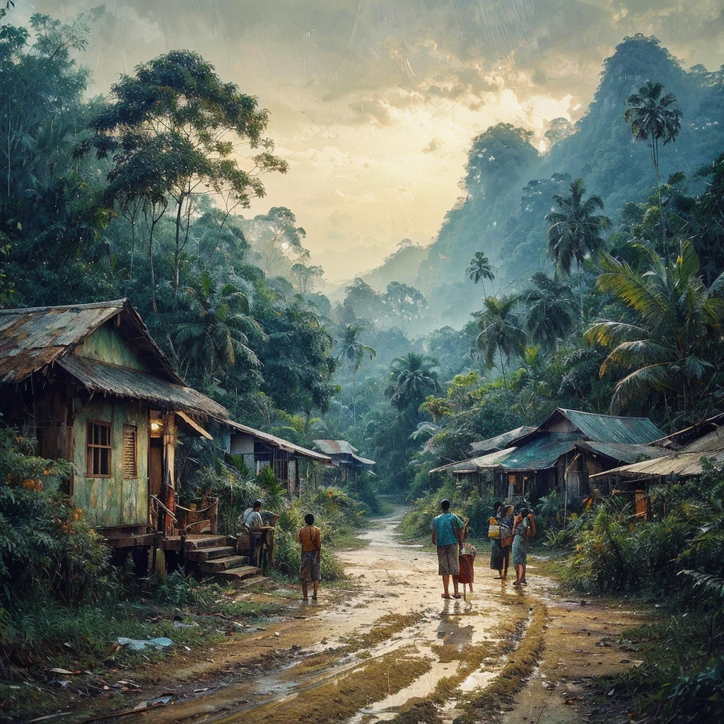 Oil paint splattered era 1960, a view, the road turns, samping kanan kiri forest rapat borneo, there is a mountain background, forest, coconut tree, and trees, there is bush grass, ferns plant,very dark night,naturalism,Realism,very dull canvas,basuki abdullah style,Oil paint splashes are intuitive