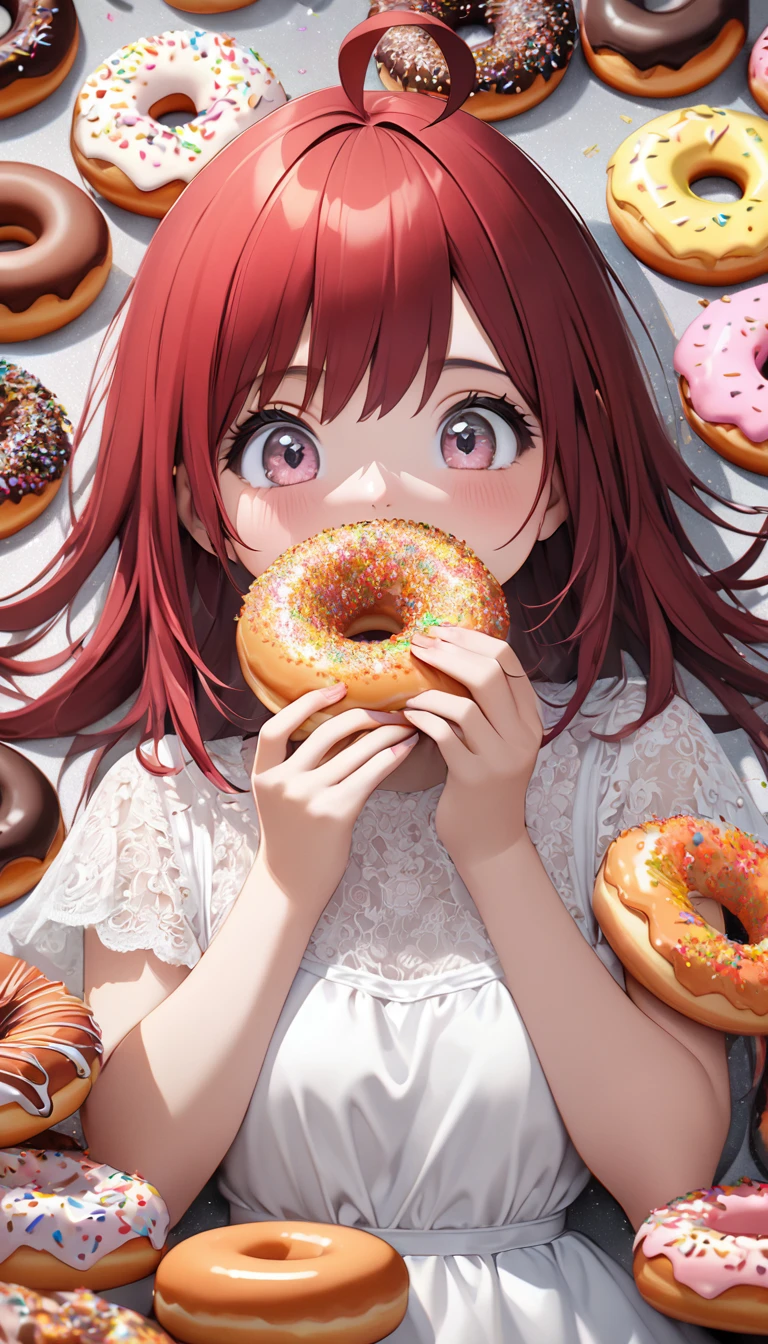 cute woman, red straight hair, ahoge, surrounded by many donuts, stuffing her mouth full of donuts, wearing white dress, smile, funny, (ultra detailed, absolutely resolution, best quality:1.3), 2.5D, delicate and dynamic, hyper realistic, artistic photography, graphic CG digital art, cartoon-style, shading effects, glitter effects, foggy filter effects, background many colorful donuts